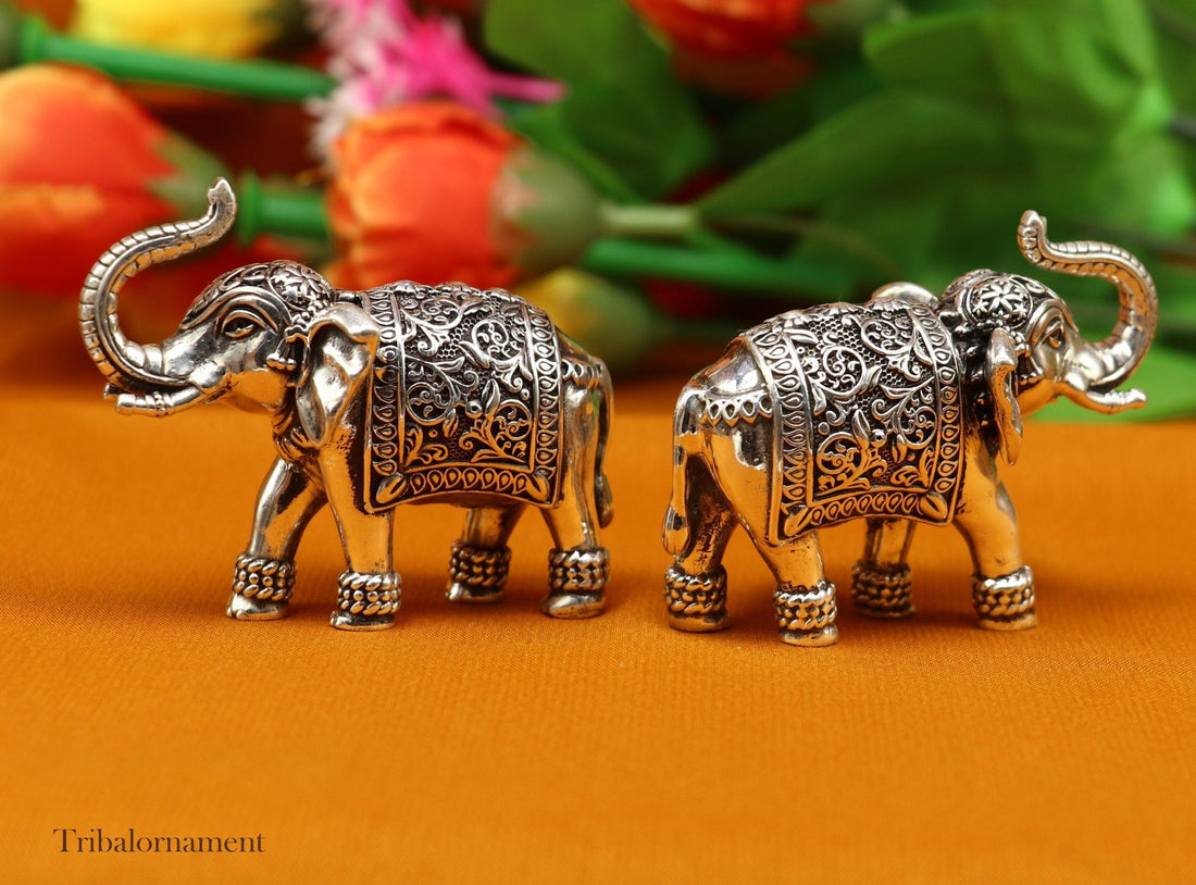 925 Sterling silver Kandrai work Nakshi/ chitai design customized Elephant statue brings luck and fortune, décor Diwali puja articles su497 - TRIBAL ORNAMENTS