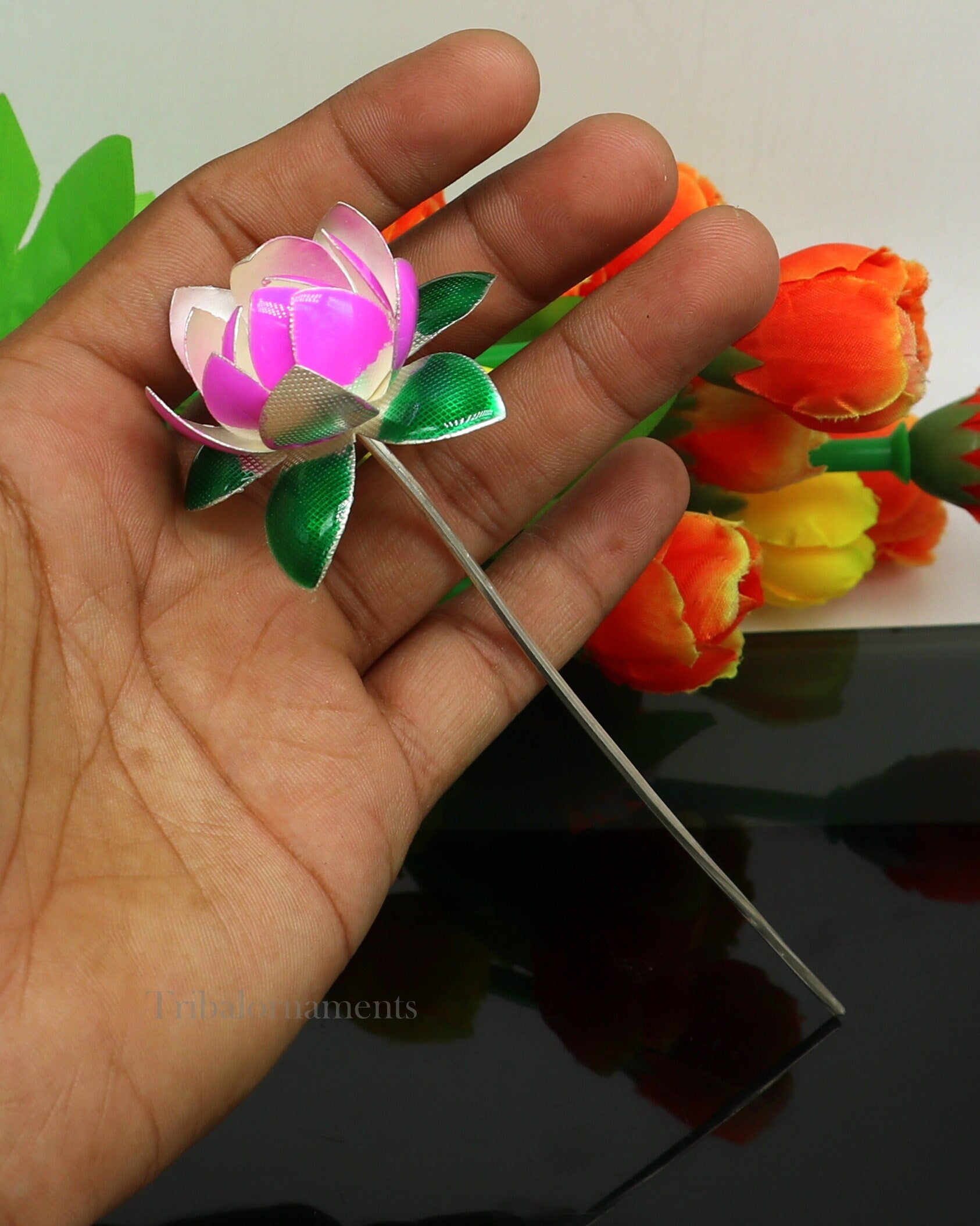 Solid sterling silver handmade small lotus flower puja god temple article, excellent enamel silver diwali puja flower  articles su549 - TRIBAL ORNAMENTS