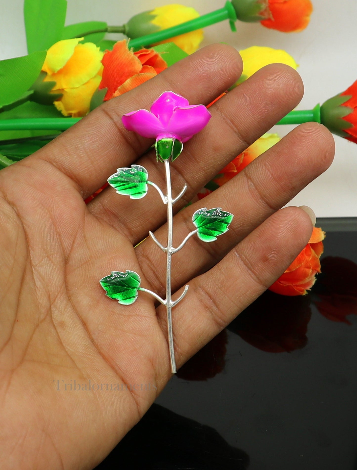 Solid sterling silver handmade small Rose flower puja god temple article, excellent three color enamel silver worshipping articles su550 - TRIBAL ORNAMENTS