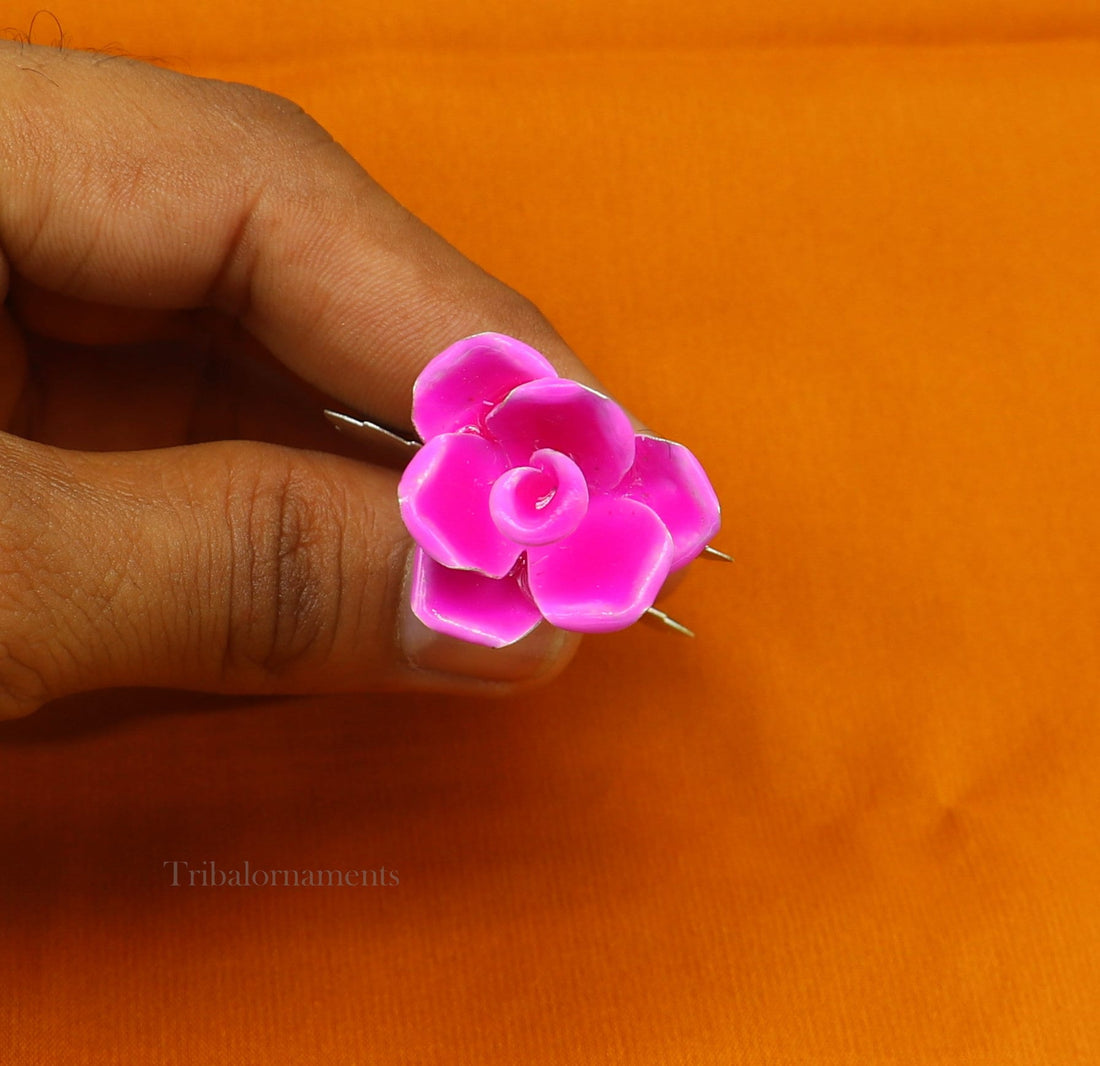 Solid sterling silver handmade small Rose flower puja god temple article, excellent three color enamel silver worshipping articles su550 - TRIBAL ORNAMENTS