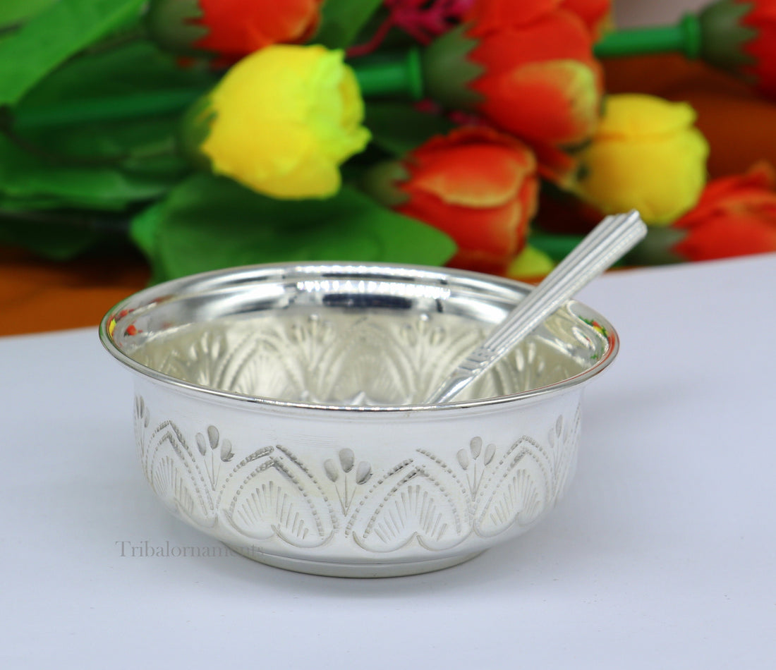 Solid 999 silver handmade vintage kandrai nakshi work bowl, silver puja vessel, silver worshipping/puja utensils prasad bowl baby bowl sv246 - TRIBAL ORNAMENTS