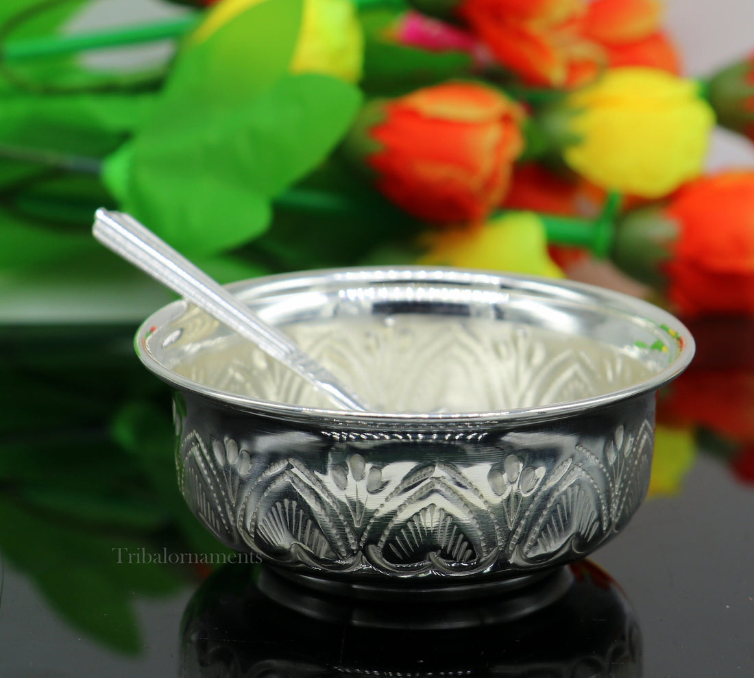 Solid 999 silver handmade vintage kandrai nakshi work bowl, silver puja vessel, silver worshipping/puja utensils prasad bowl baby bowl sv246 - TRIBAL ORNAMENTS