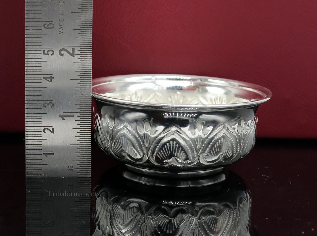 Solid 999 silver handmade vintage kandrai nakshi work bowl, silver puja vessel, silver worshipping/puja utensils prasad bowl baby bowl sv246 - TRIBAL ORNAMENTS