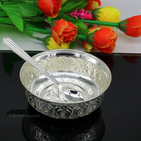 Solid 999 silver handmade vintage kandrai nakshi work bowl, silver puja vessel, silver worshipping/puja utensils bowl baby bowl set sv247 - TRIBAL ORNAMENTS