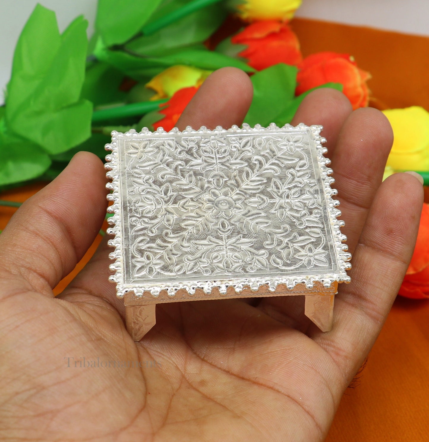 2.5" Vintage design Sterling silver handmade customize small square shape table/bazot/chouki, excellent home puja utensils temple art su553 - TRIBAL ORNAMENTS