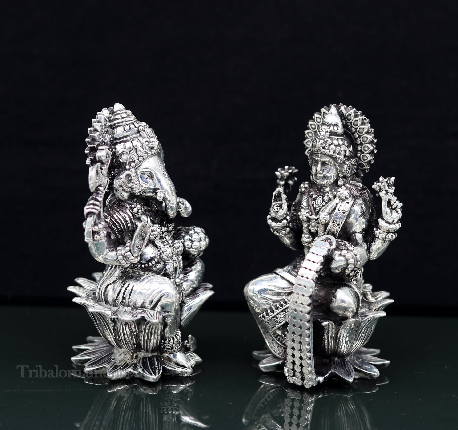 3.3" small 925 Sterling silver handmade customized Hindu idol Laxmi and Ganesha statue, puja article figurine, home décor Diwali puja art379 - TRIBAL ORNAMENTS