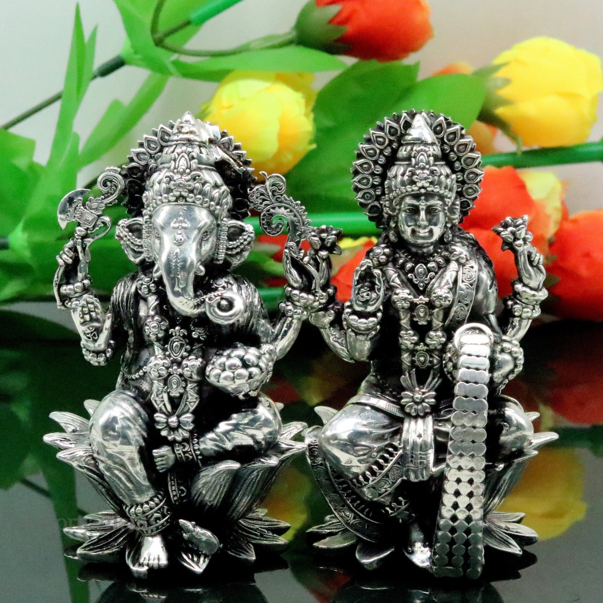 3.3" small 925 Sterling silver handmade customized Hindu idol Laxmi and Ganesha statue, puja article figurine, home décor Diwali puja art379 - TRIBAL ORNAMENTS