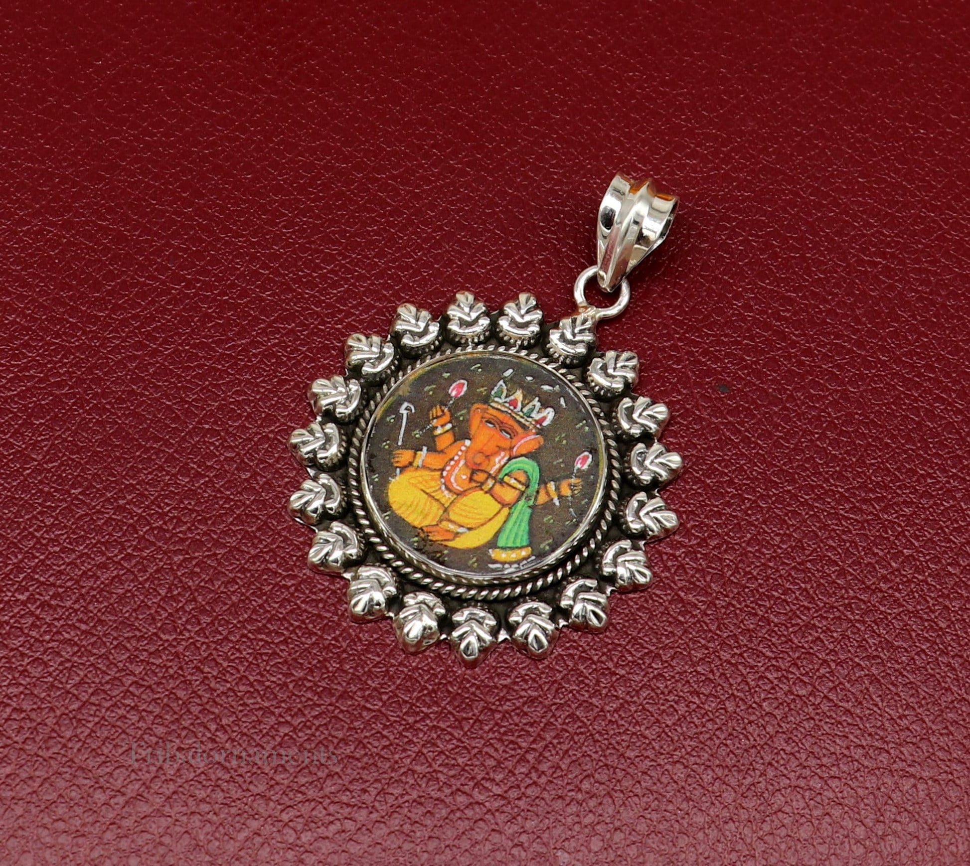 Hindu deity 92.5 Sterling Silver Hand Painted Miniature Art Painting photo God Ganesha Glass Framed Pendant ethnic stylish jewelry ssp814 - TRIBAL ORNAMENTS