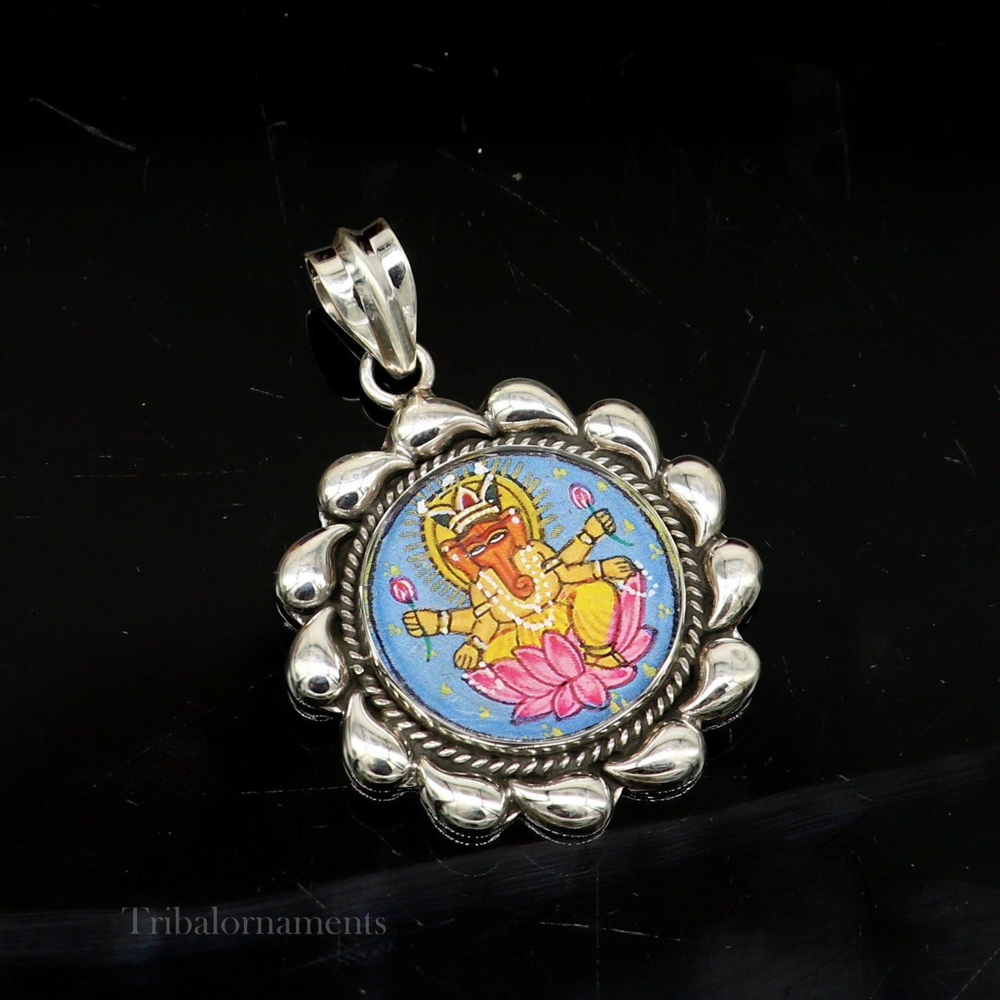 92.5 Sterling Silver Lord Ganesh Pendant Hand Painted Miniature Art Painting photo with Glass Framed Pendant ethnic stylish jewelry ssp815 - TRIBAL ORNAMENTS