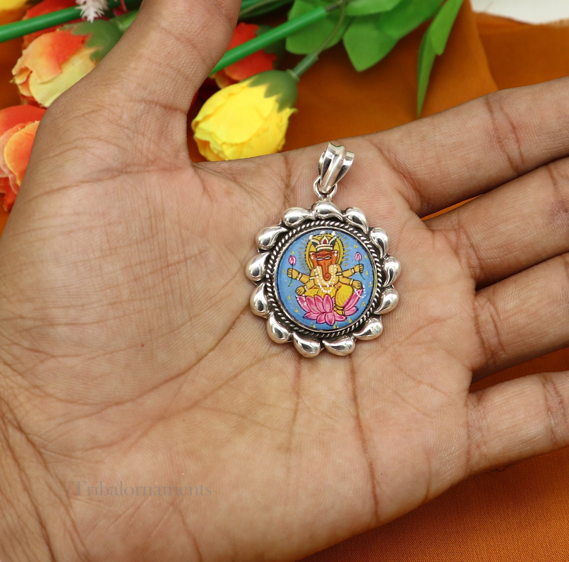 92.5 Sterling Silver Lord Ganesh Pendant Hand Painted Miniature Art Painting photo with Glass Framed Pendant ethnic stylish jewelry ssp815 - TRIBAL ORNAMENTS