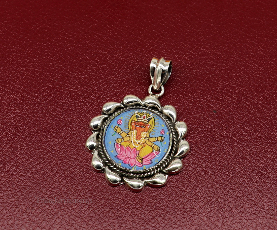 92.5 Sterling Silver Lord Ganesh Pendant Hand Painted Miniature Art Painting photo with Glass Framed Pendant ethnic stylish jewelry ssp815 - TRIBAL ORNAMENTS