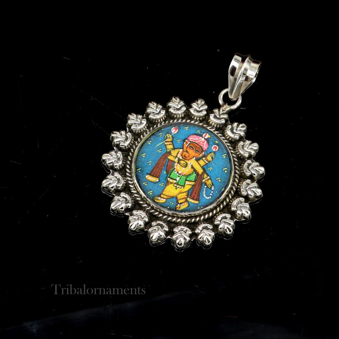 92.5 Sterling Silver Lord Ganesh Pendant Hand Painted Miniature Art Painting photo with Glass Framed Pendant ethnic stylish jewelry ssp812 - TRIBAL ORNAMENTS