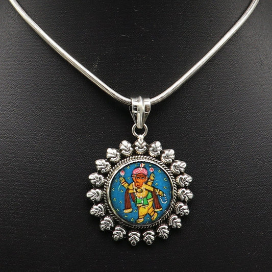 92.5 Sterling Silver Lord Ganesh Pendant Hand Painted Miniature Art Painting photo with Glass Framed Pendant ethnic stylish jewelry ssp812 - TRIBAL ORNAMENTS