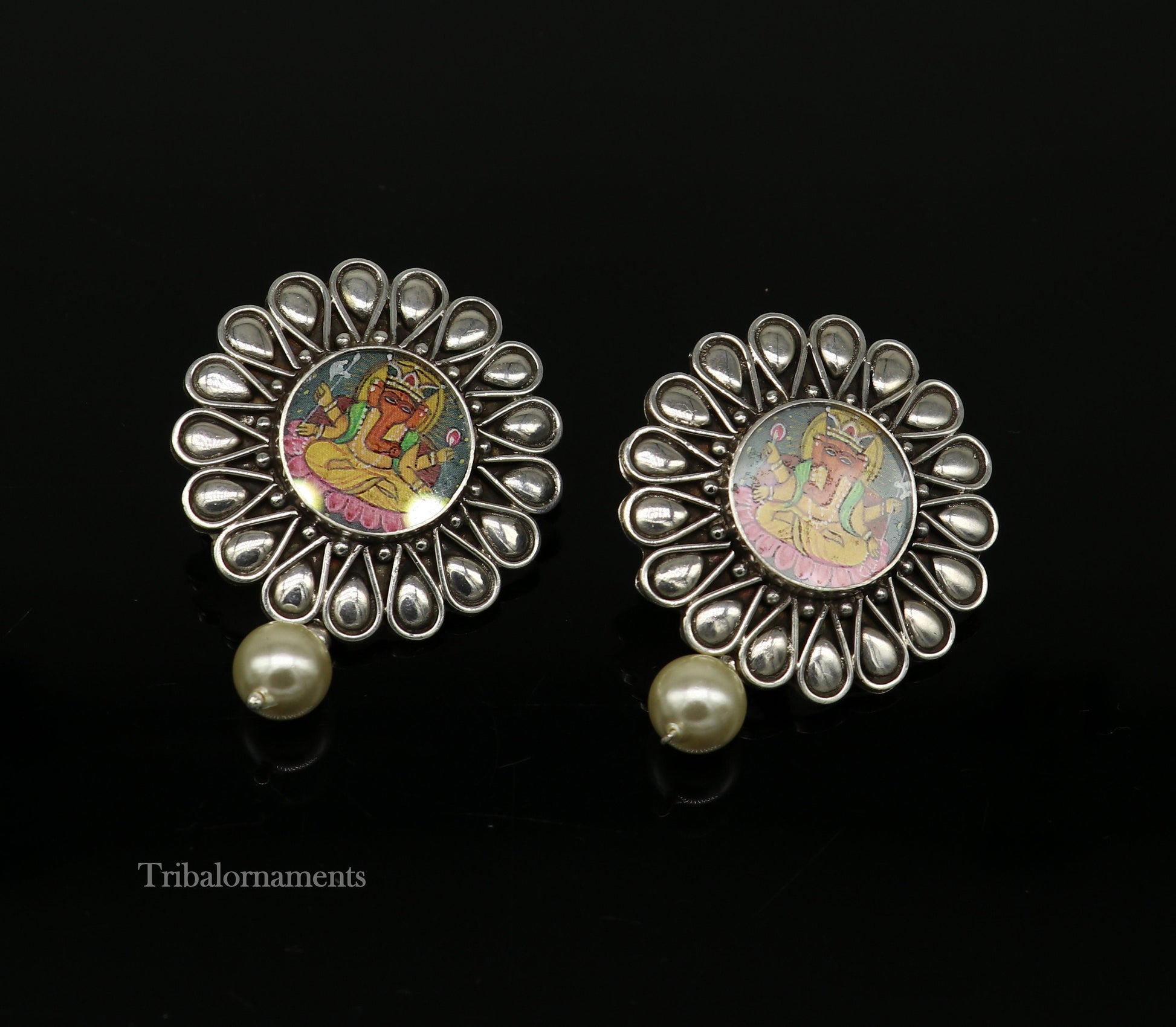 92.5 Sterling Silver Hand Painted Miniature Art Painting photo God Ganesha Glass Framed Stud earring ethnic stylish tribal jewelry ear1032 - TRIBAL ORNAMENTS