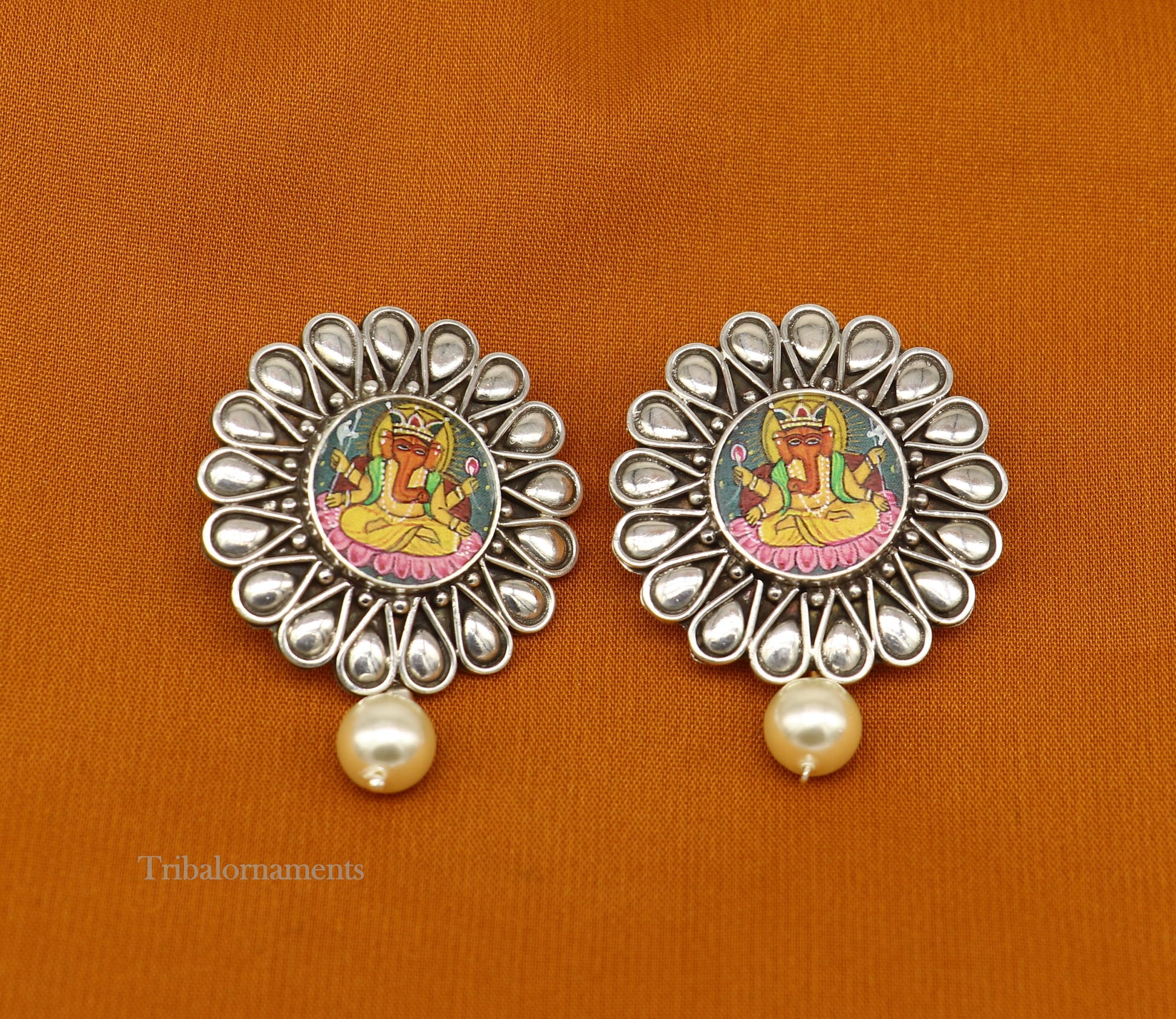 92.5 Sterling Silver Hand Painted Miniature Art Painting photo God Ganesha Glass Framed Stud earring ethnic stylish tribal jewelry ear1032 - TRIBAL ORNAMENTS