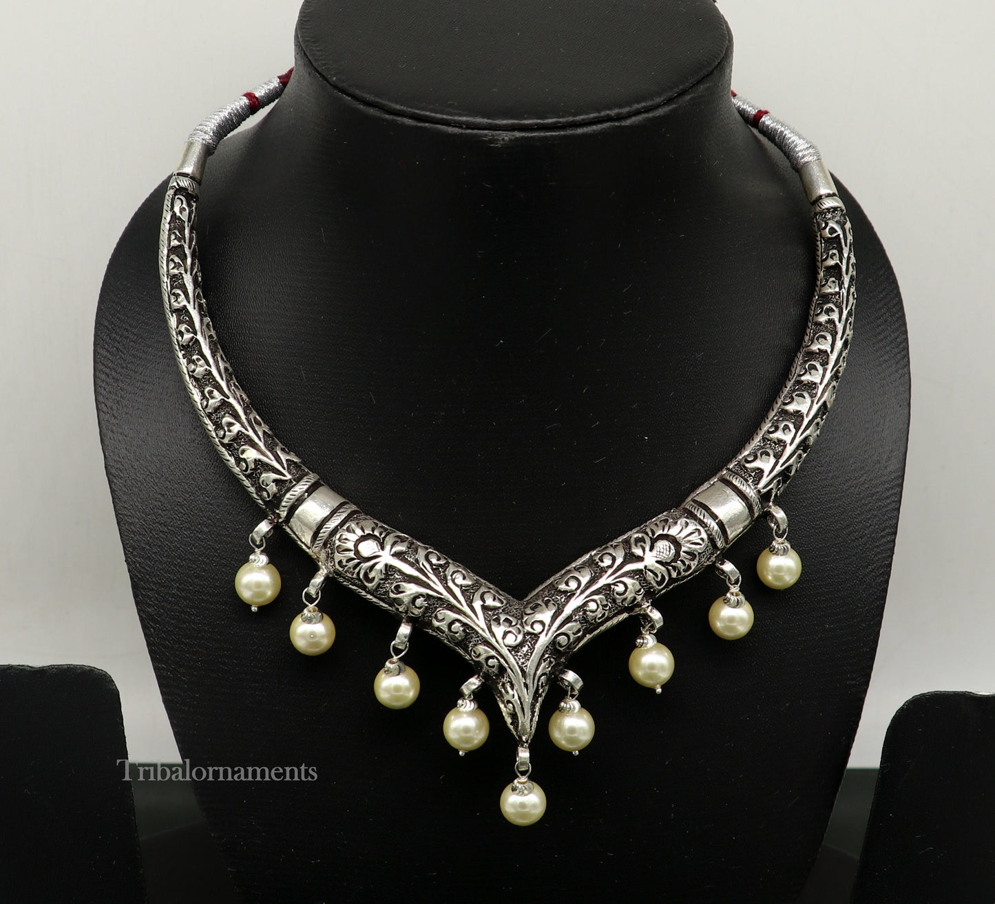 Vintage Indian traditional style trendy 92.5 sterling silver chitai/kandrai work charm necklace, choker tribal ethnic jewelry nec278 - TRIBAL ORNAMENTS
