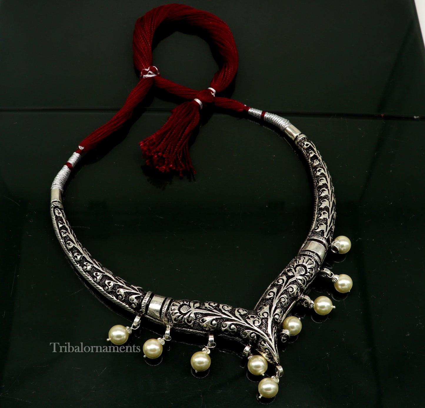Vintage Indian traditional style trendy 92.5 sterling silver chitai/kandrai work charm necklace, choker tribal ethnic jewelry nec278 - TRIBAL ORNAMENTS