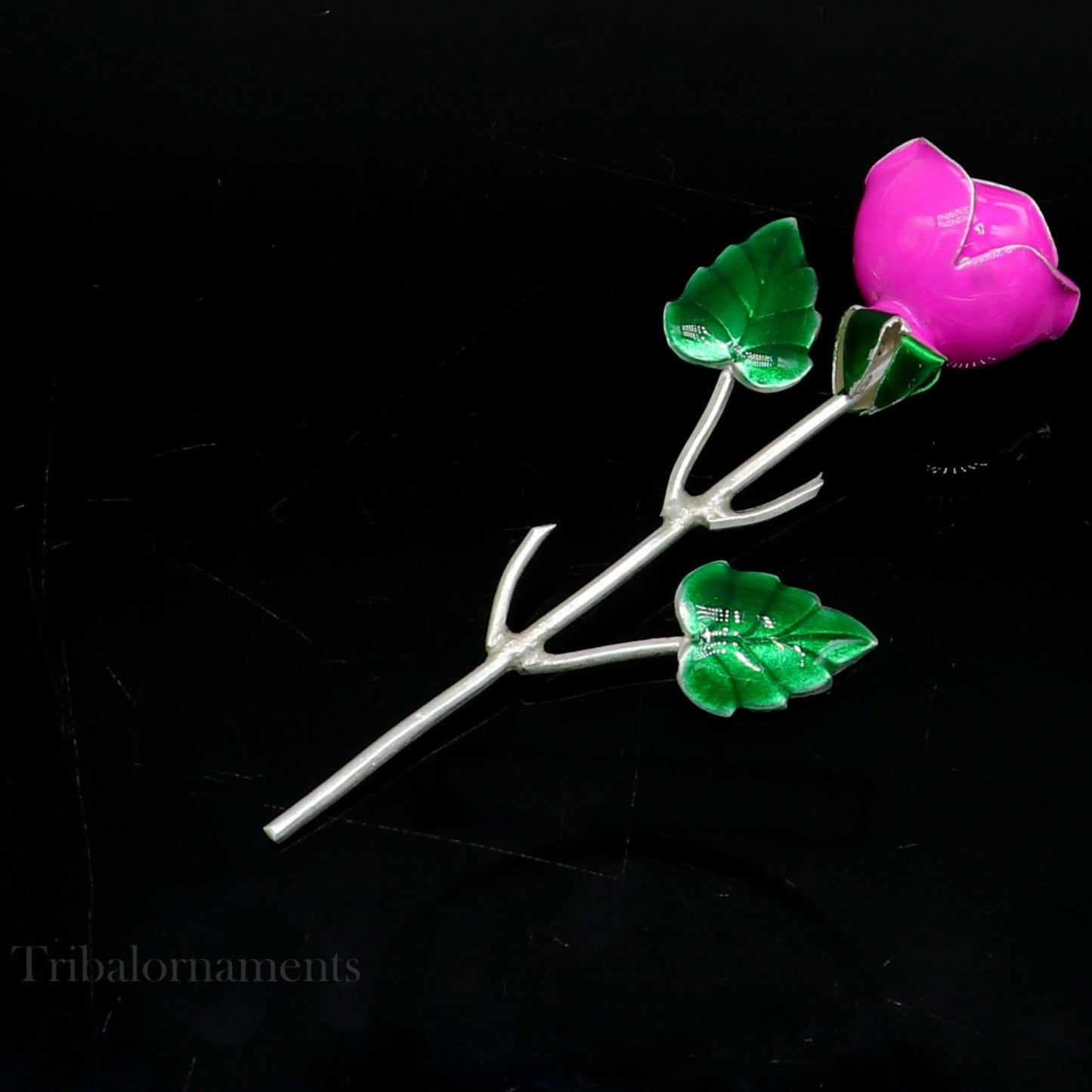 Solid sterling silver handmade small pink Rose flower puja god temple article, excellent three color enamel silver worshipping article su558 - TRIBAL ORNAMENTS