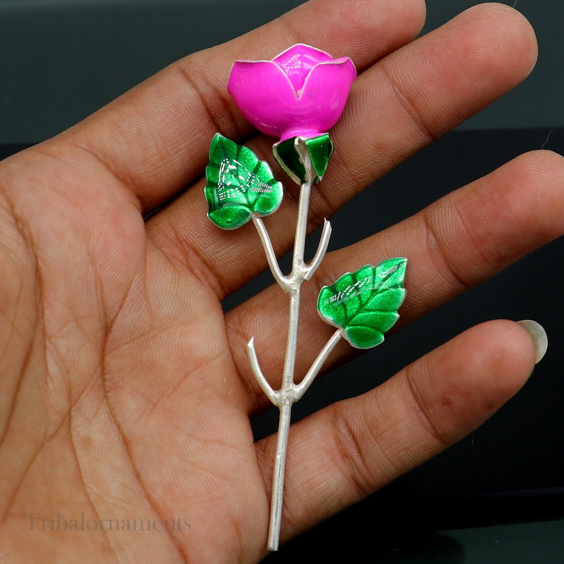 Solid sterling silver handmade small pink Rose flower puja god temple article, excellent three color enamel silver worshipping article su558 - TRIBAL ORNAMENTS