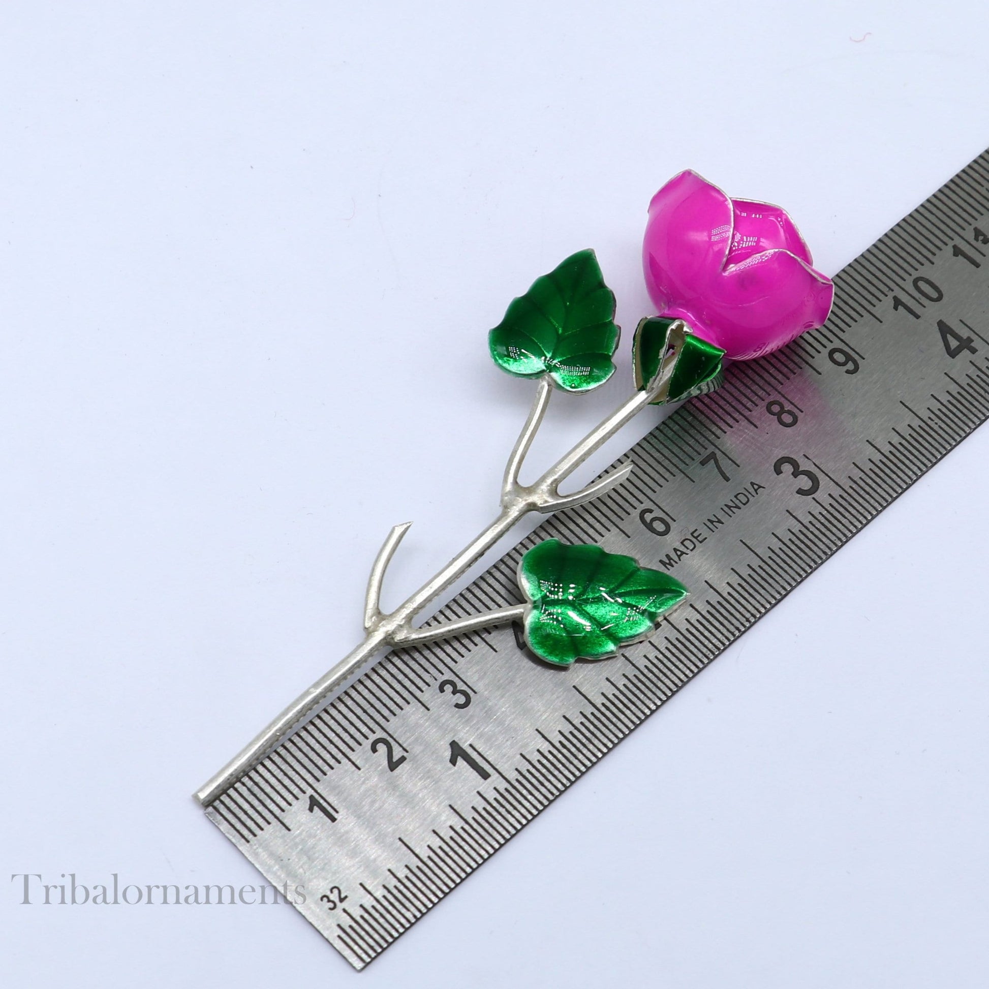 Solid sterling silver handmade small pink Rose flower puja god temple article, excellent three color enamel silver worshipping article su558 - TRIBAL ORNAMENTS