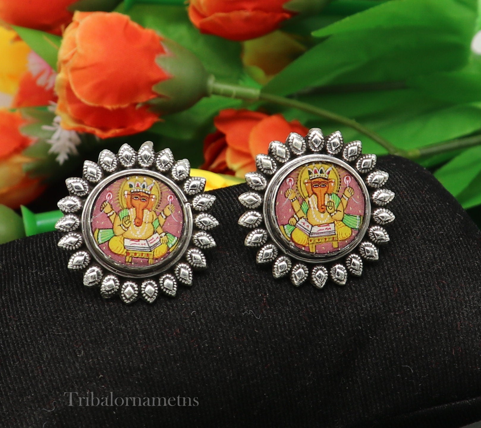 92.5 Sterling Silver Divine Mantra God Ganesh Stud earring Hand Painted Miniature Art photo Glass Framed ethnic stylish jewelry ear945 - TRIBAL ORNAMENTS