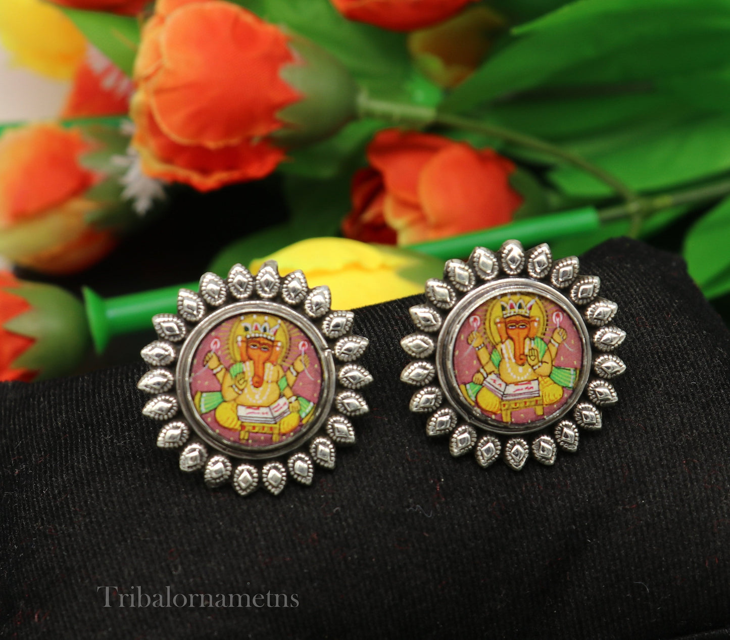 92.5 Sterling Silver Divine Mantra God Ganesh Stud earring Hand Painted Miniature Art photo Glass Framed ethnic stylish jewelry ear945 - TRIBAL ORNAMENTS