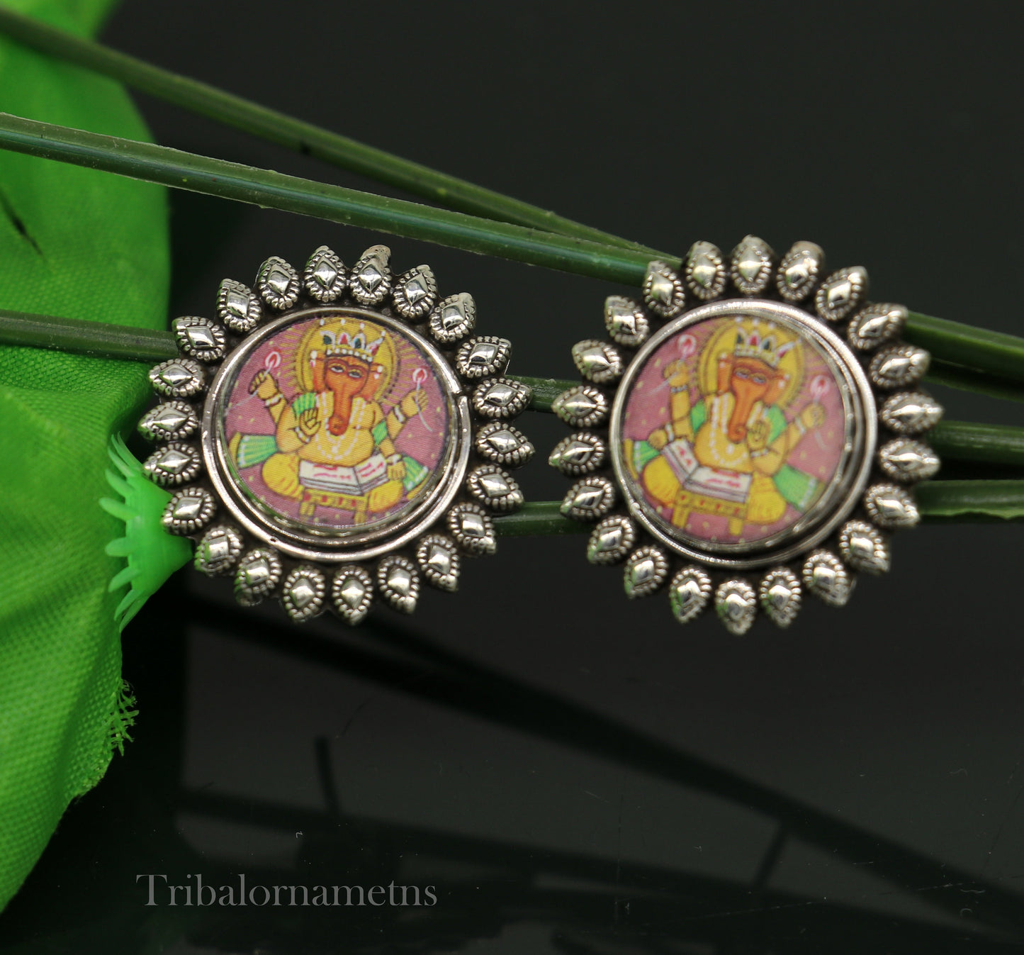 92.5 Sterling Silver Divine Mantra God Ganesh Stud earring Hand Painted Miniature Art photo Glass Framed ethnic stylish jewelry ear945 - TRIBAL ORNAMENTS