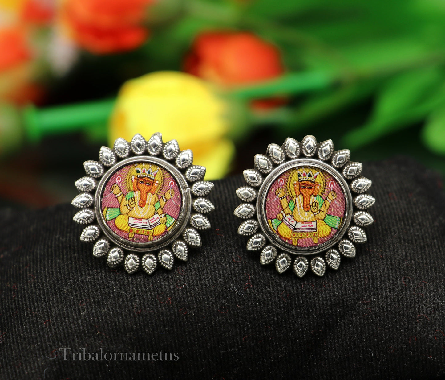 92.5 Sterling Silver Divine Mantra God Ganesh Stud earring Hand Painted Miniature Art photo Glass Framed ethnic stylish jewelry ear945 - TRIBAL ORNAMENTS