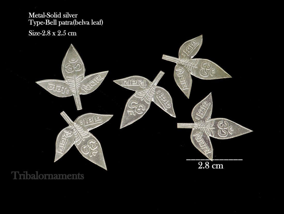 Lot 5 pieces Solid silver handmade belva patra, shiva worshipping/ puja article, belpatra or belva tree leaves with shiva mantraf su585 - TRIBAL ORNAMENTS