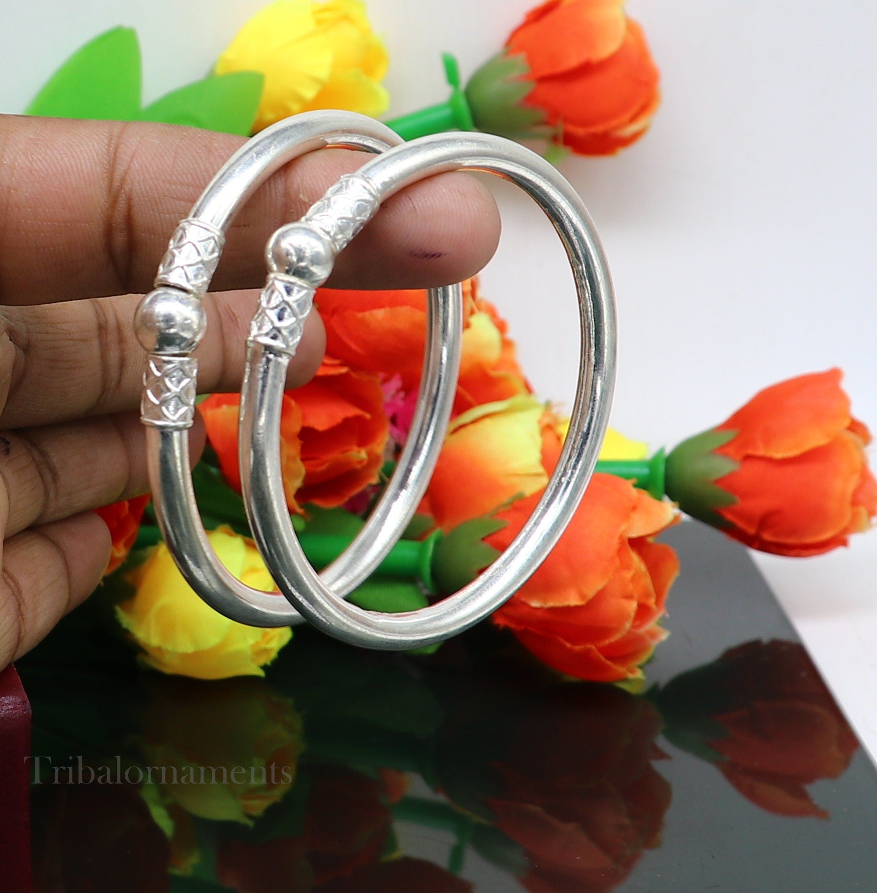 Plain shiny sterling silver stylish designer bangle bracelet kada pure silver gifting jewelry, brides made bangles from india nba226 - TRIBAL ORNAMENTS