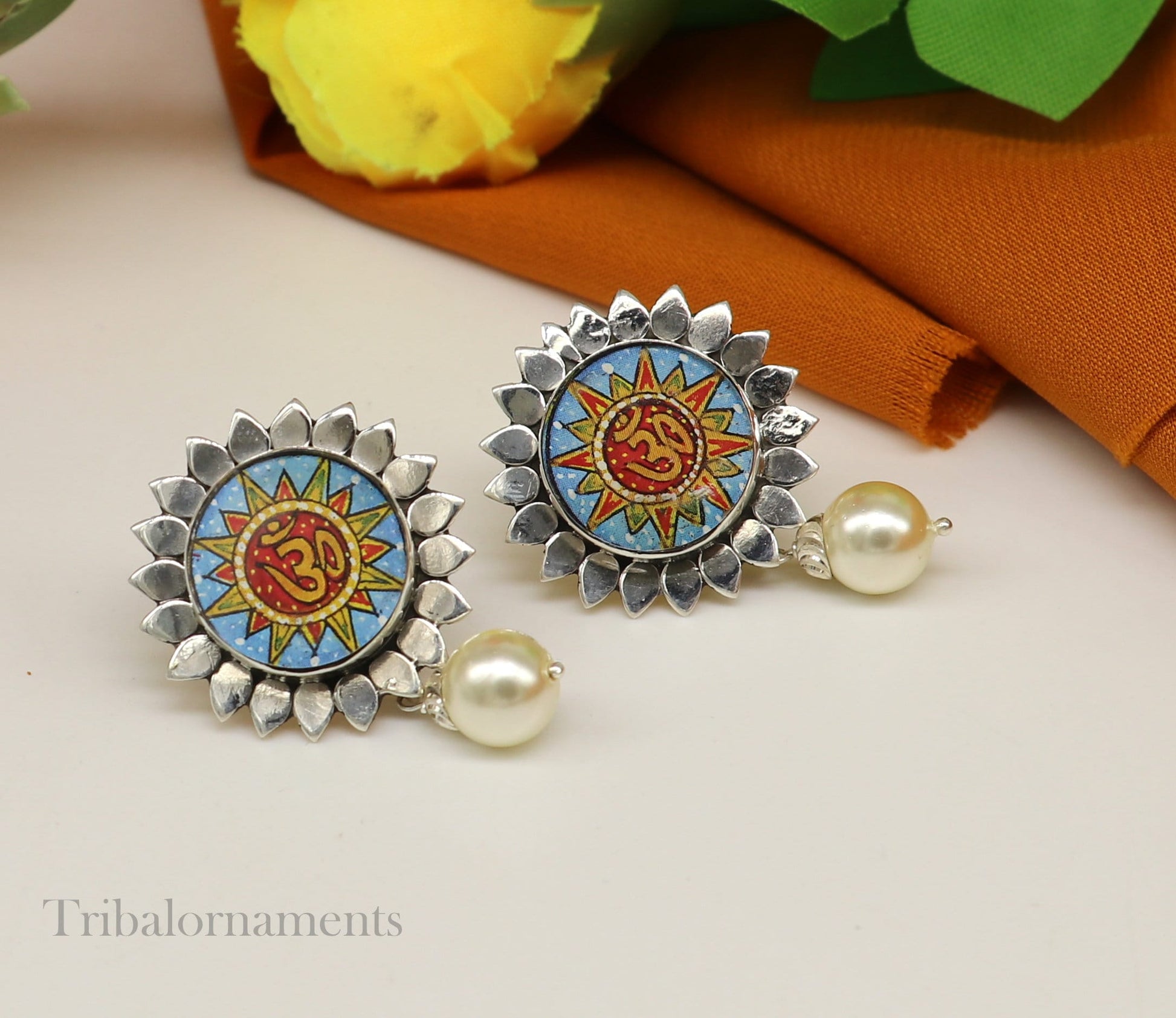 92.5 Sterling Silver Divine Mantra 'om' Aum' Stud earring Hand Painted Miniature Art photo Glass Framed ethnic stylish jewelry ear938 - TRIBAL ORNAMENTS