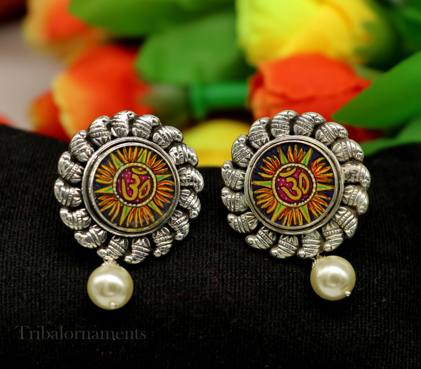 Divine Mantra "Aum' OM Stud earring Hand Painted Miniature Art photo Glass Framed 92.5 Sterling Silver ethnic earring stylish jewelry ear939 - TRIBAL ORNAMENTS