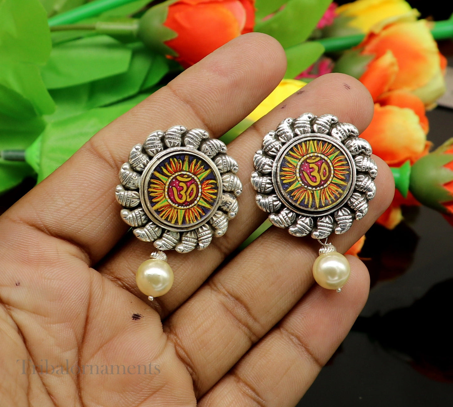 Divine Mantra "Aum' OM Stud earring Hand Painted Miniature Art photo Glass Framed 92.5 Sterling Silver ethnic earring stylish jewelry ear939 - TRIBAL ORNAMENTS