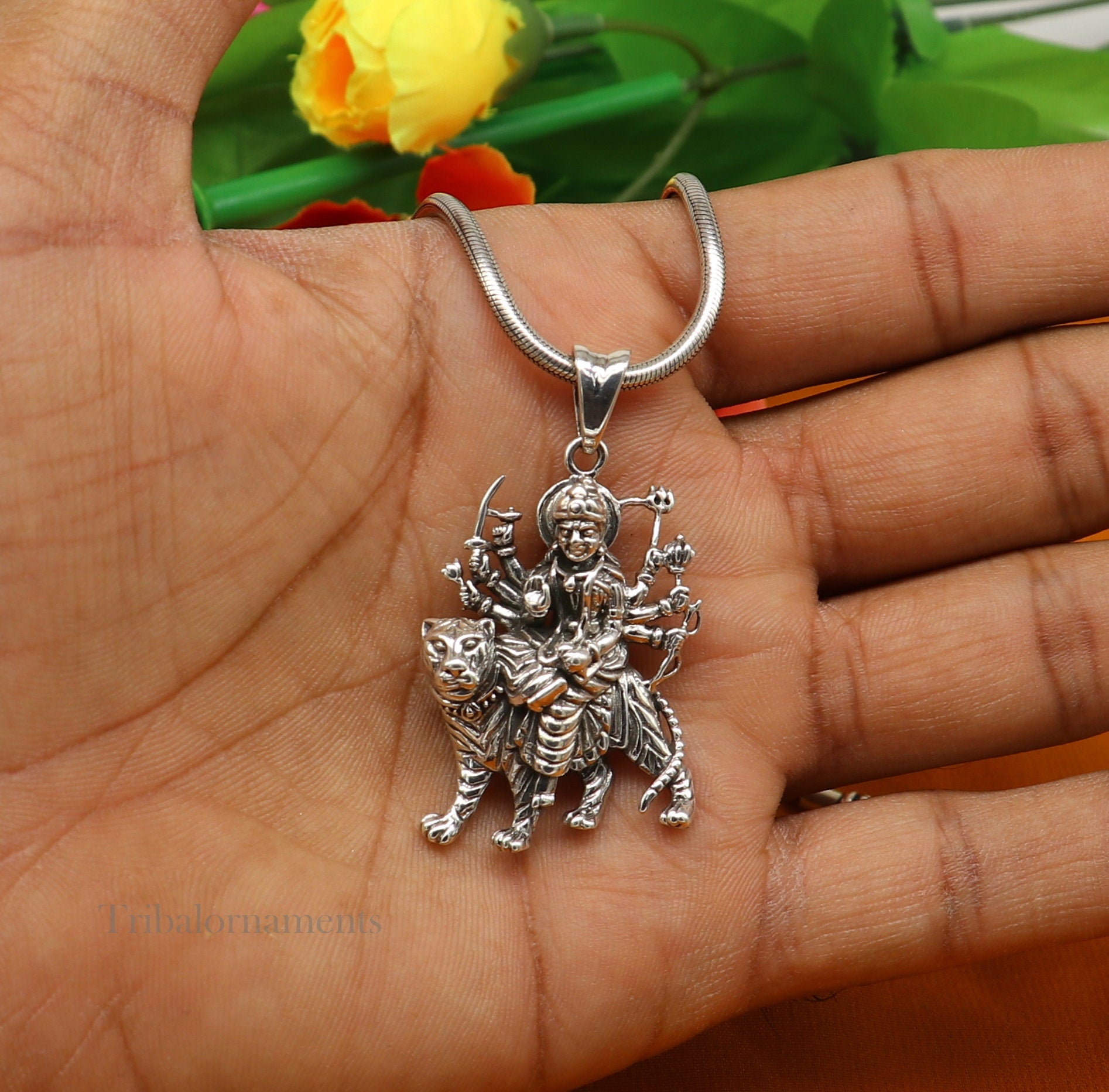 Divine 925 sterling silver Goddess bhawani/ Durga mataji with lion pendant, amazing unisex pendant locket goddess tribal jewelry ssp896 - TRIBAL ORNAMENTS