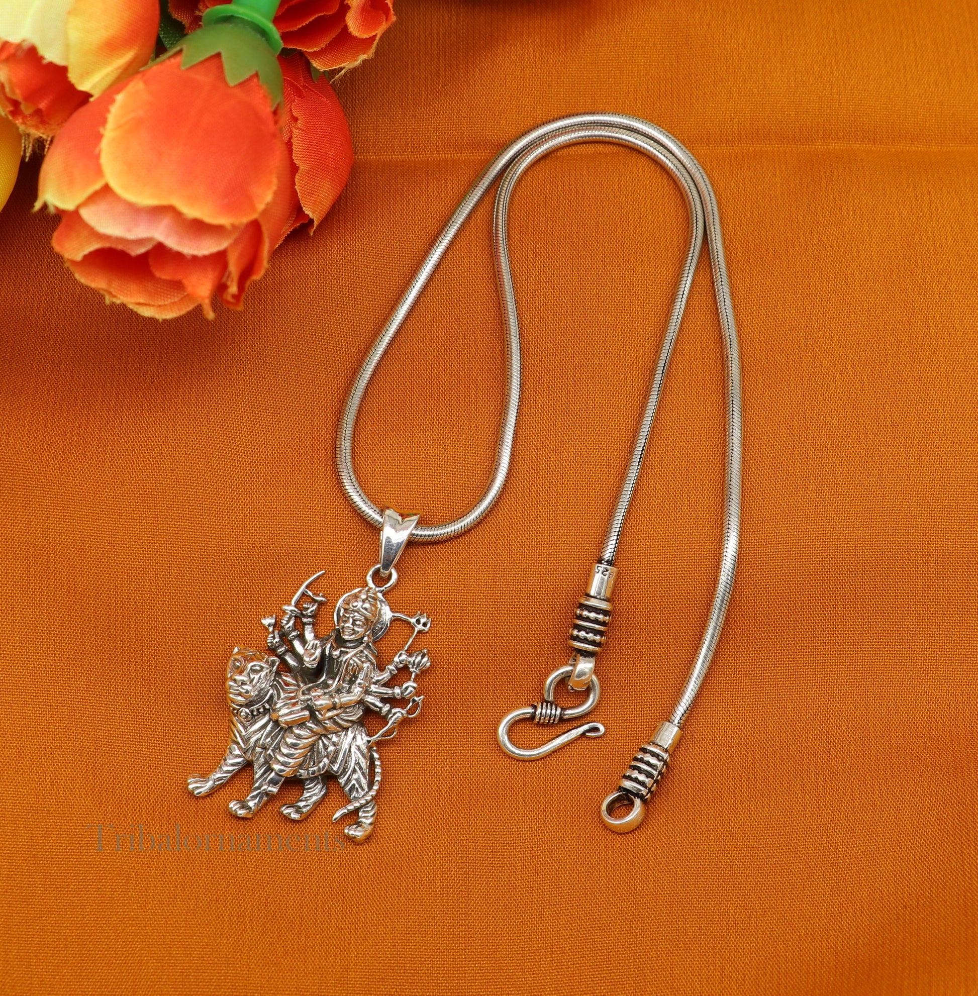 Divine 925 sterling silver Goddess bhawani/ Durga mataji with lion pendant, amazing unisex pendant locket goddess tribal jewelry ssp896 - TRIBAL ORNAMENTS