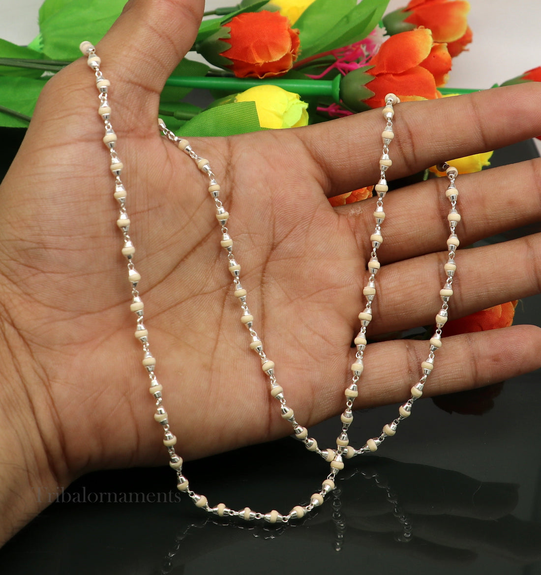 24" Sterling silver handmade wooden beads Holy basil rosary beads silver chain necklace unisex jewelry, tulsi mala customized necklace ch114 - TRIBAL ORNAMENTS