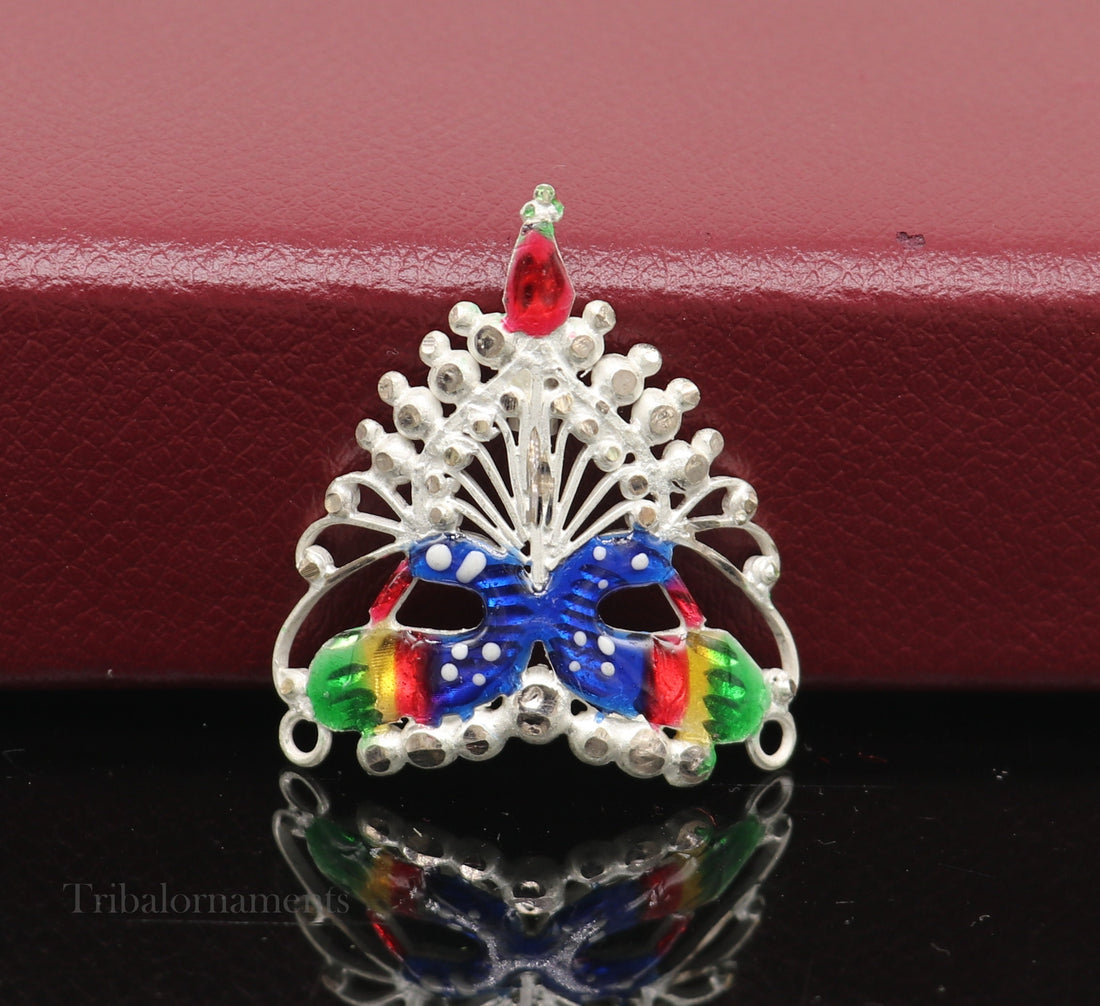 Baby krishna crown or mukut fabulous enamel peacock design solid silver handmade idol krishna mukut gifting crawling krishna jewelry su527 - TRIBAL ORNAMENTS