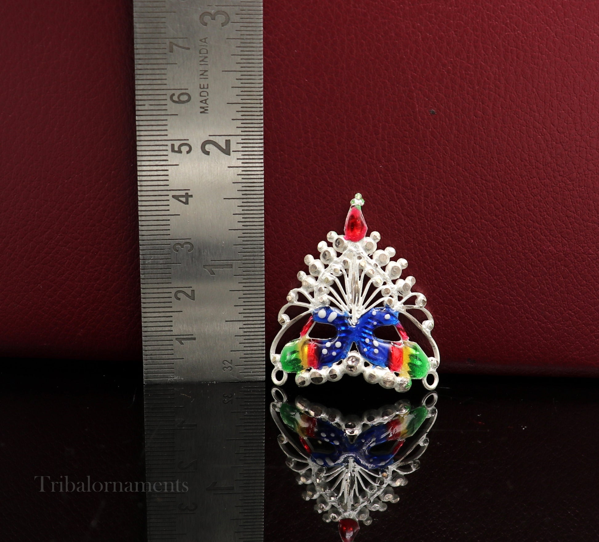 Baby krishna crown or mukut fabulous enamel peacock design solid silver handmade idol krishna mukut gifting crawling krishna jewelry su527 - TRIBAL ORNAMENTS