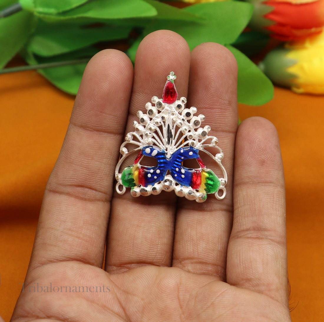 Baby krishna crown or mukut fabulous enamel peacock design solid silver handmade idol krishna mukut gifting crawling krishna jewelry su527 - TRIBAL ORNAMENTS