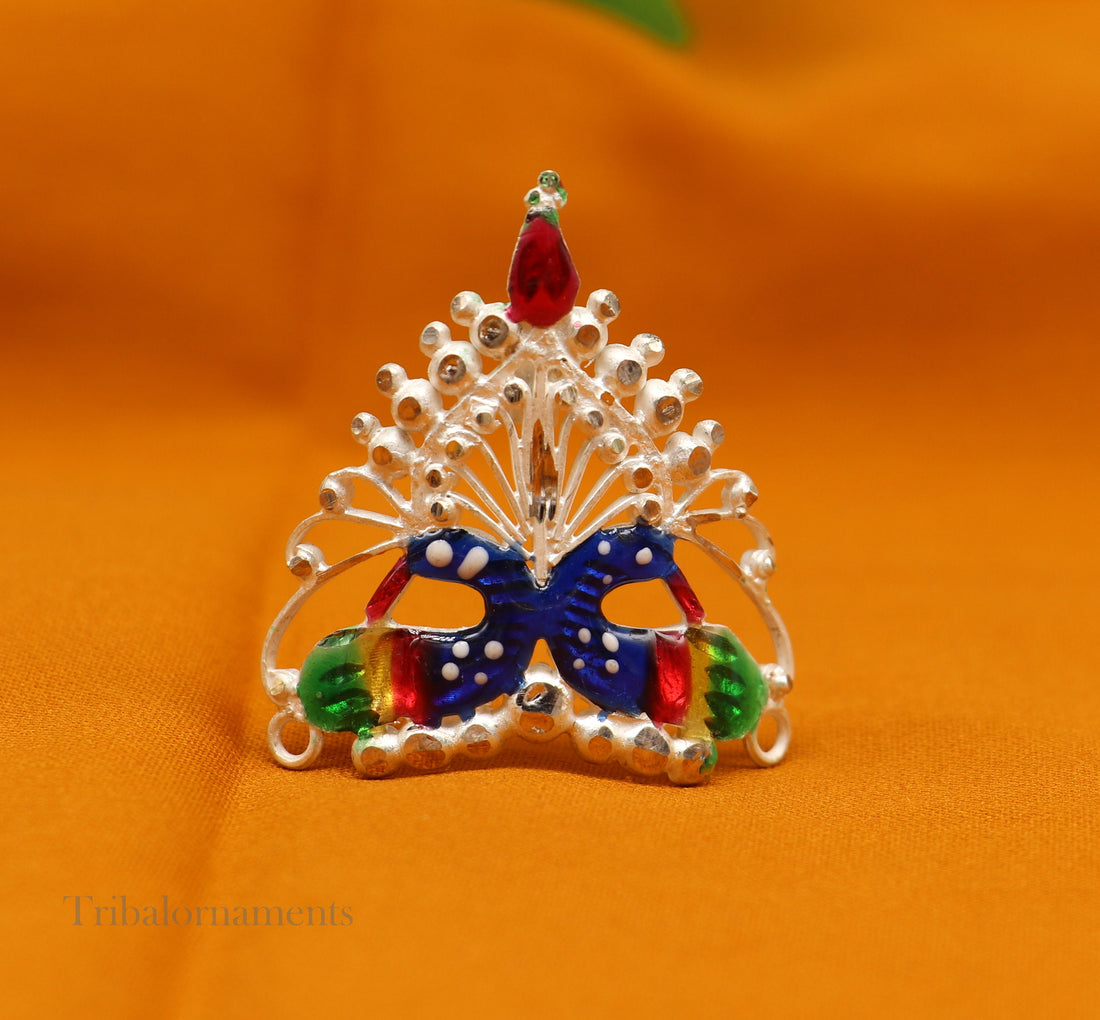 Baby krishna crown or mukut fabulous enamel peacock design solid silver handmade idol krishna mukut gifting crawling krishna jewelry su527 - TRIBAL ORNAMENTS