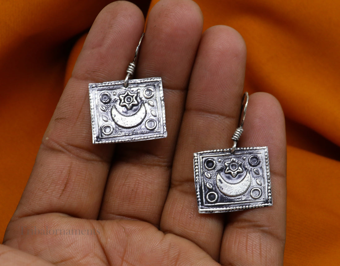 925 sterling silver handmade gorgeous moon hoops earring ,drop dangle excellent customized oxidized belly dance tribal earring earring s955 - TRIBAL ORNAMENTS