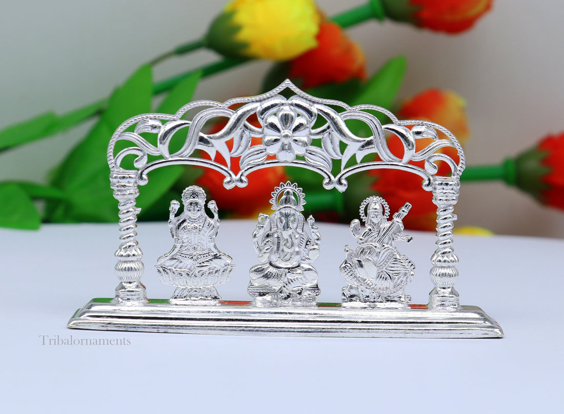 Solid Sterling silver handmade Hindu idols Laxmi,Ganesha and Saraswati statue, puja article figurine, home décor Diwali puja gift su532 - TRIBAL ORNAMENTS