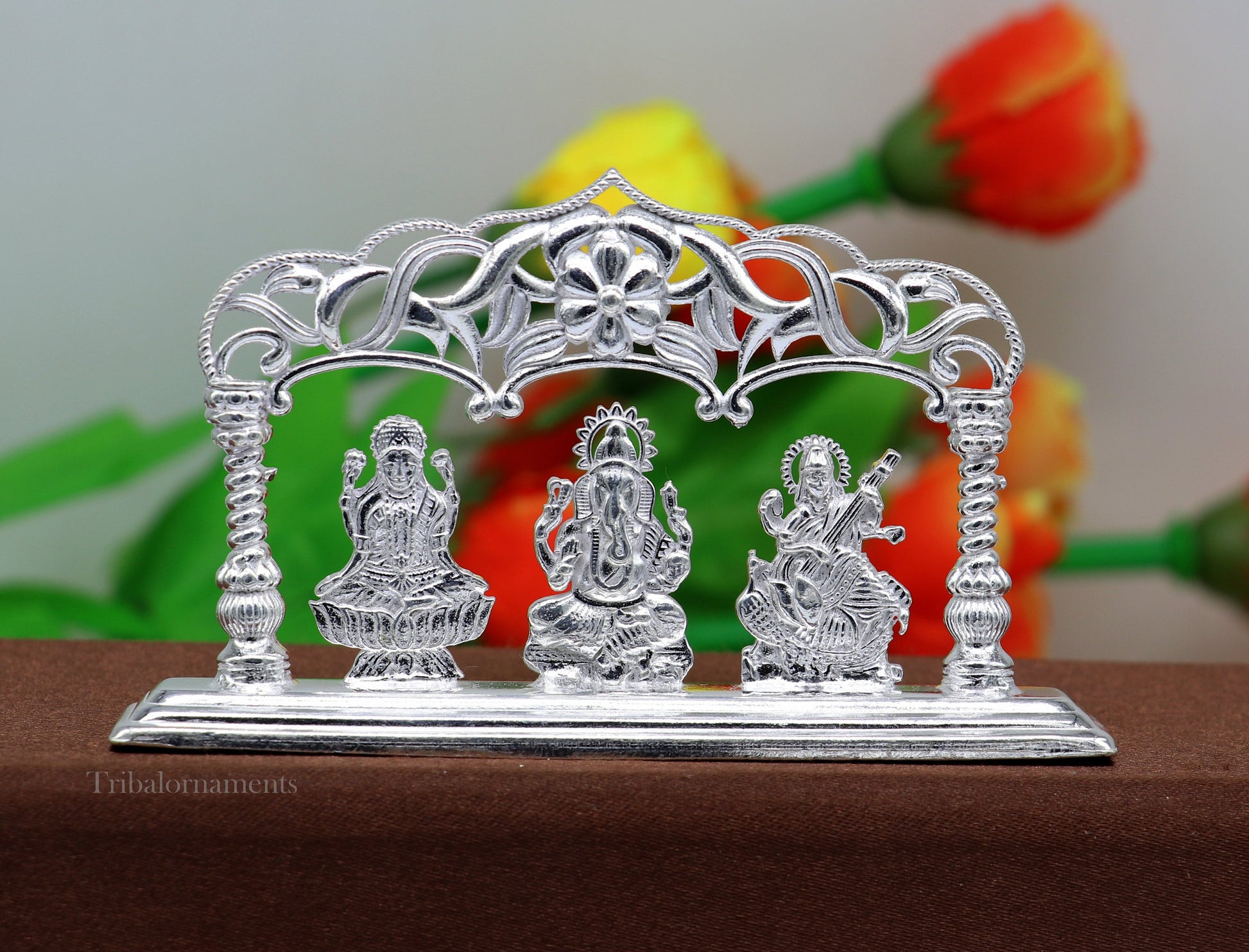 Solid Sterling silver handmade Hindu idols Laxmi,Ganesha and Saraswati statue, puja article figurine, home décor Diwali puja gift su532 - TRIBAL ORNAMENTS