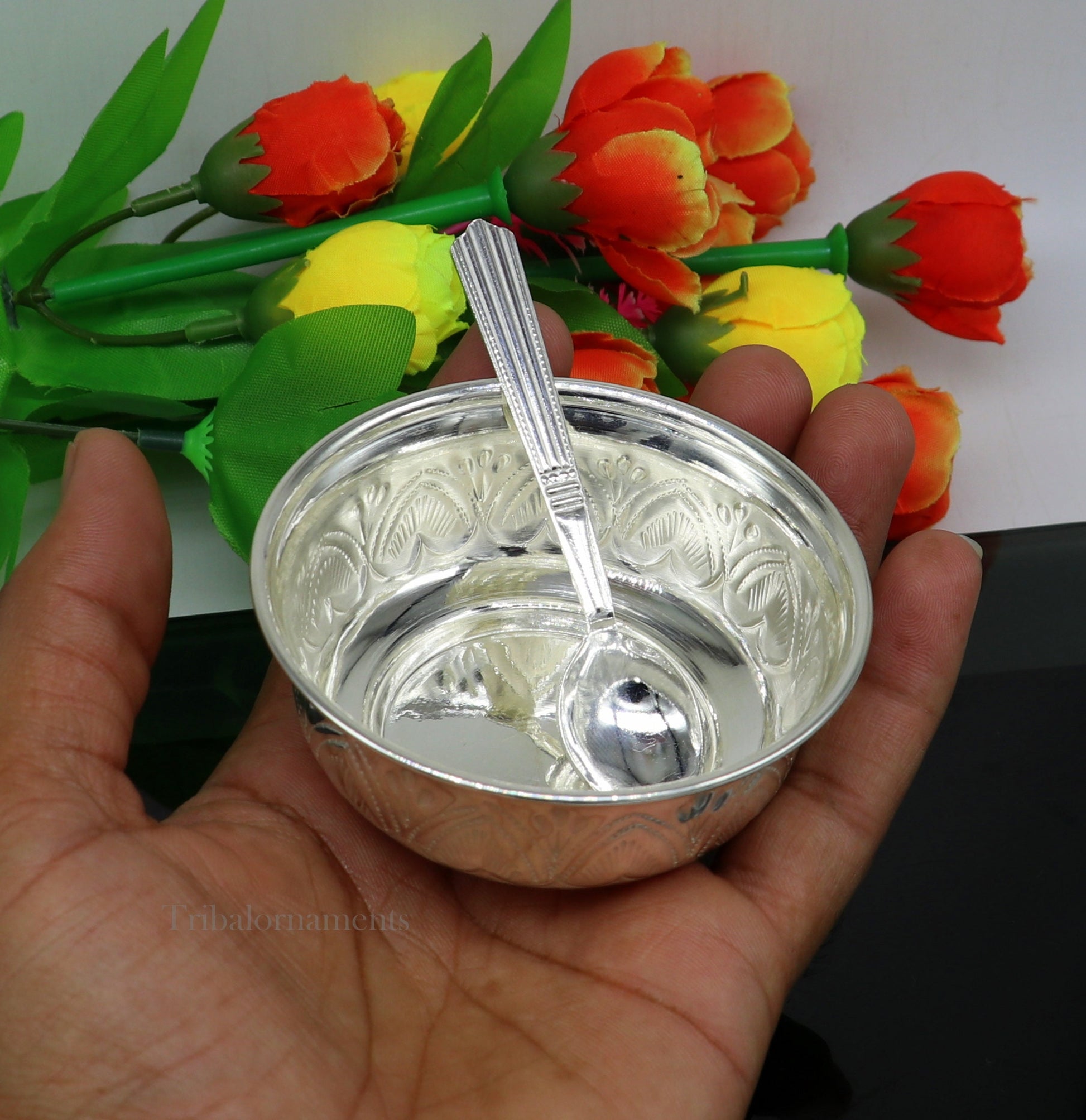 Solid 999 silver handmade vintage kandrai nakshi work bowl, silver puja vessel, silver worshipping/puja utensils prasad bowl baby bowl sv246 - TRIBAL ORNAMENTS