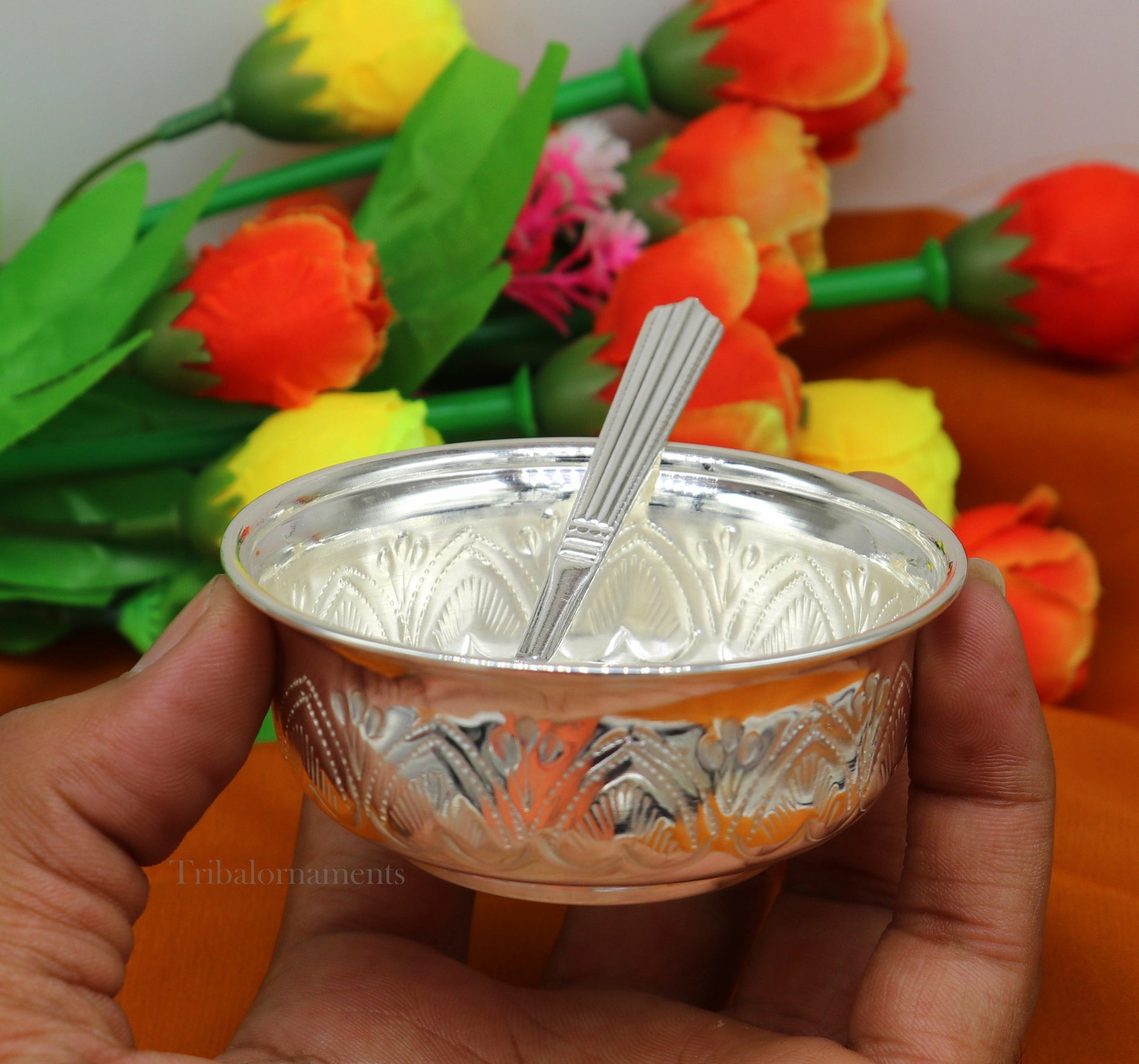 Solid 999 silver handmade vintage kandrai nakshi work bowl, silver puja vessel, silver worshipping/puja utensils prasad bowl baby bowl sv246 - TRIBAL ORNAMENTS