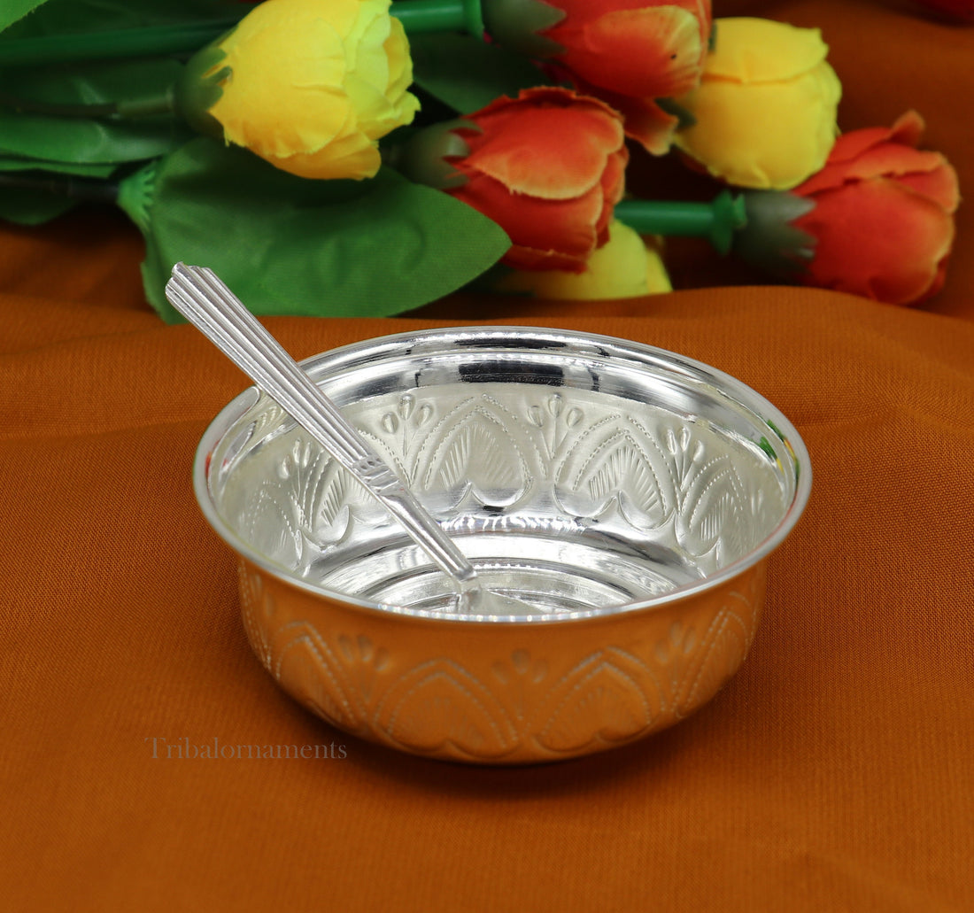 Solid 999 silver handmade vintage kandrai nakshi work bowl, silver puja vessel, silver worshipping/puja utensils prasad bowl baby bowl sv246 - TRIBAL ORNAMENTS