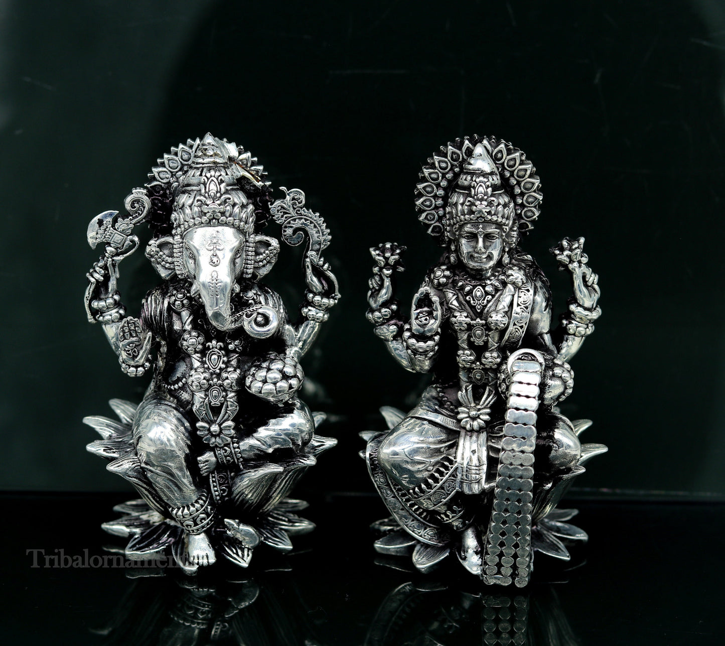 3.3" small 925 Sterling silver handmade customized Hindu idol Laxmi and Ganesha statue, puja article figurine, home décor Diwali puja art379 - TRIBAL ORNAMENTS