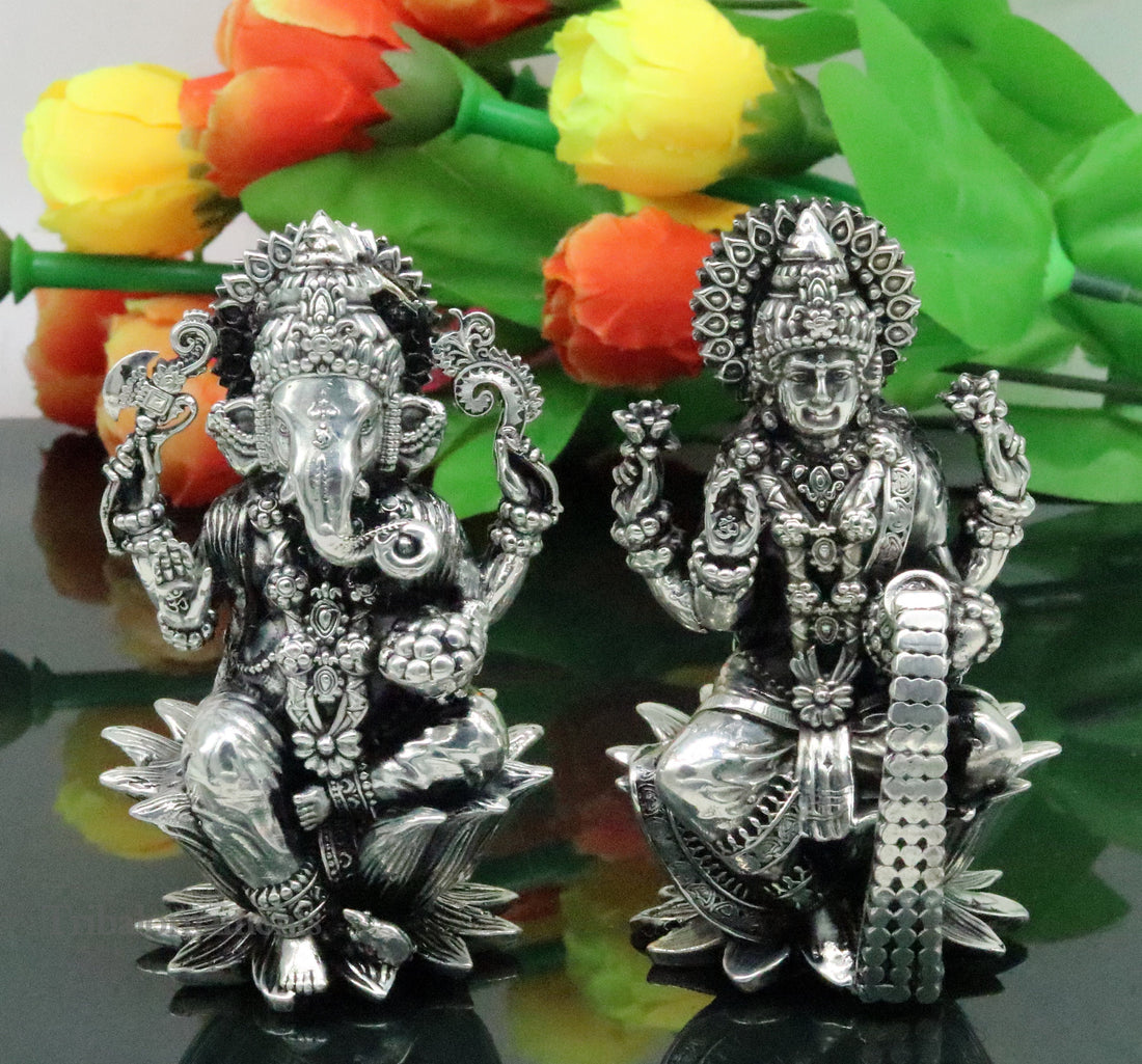 3.3" small 925 Sterling silver handmade customized Hindu idol Laxmi and Ganesha statue, puja article figurine, home décor Diwali puja art379 - TRIBAL ORNAMENTS