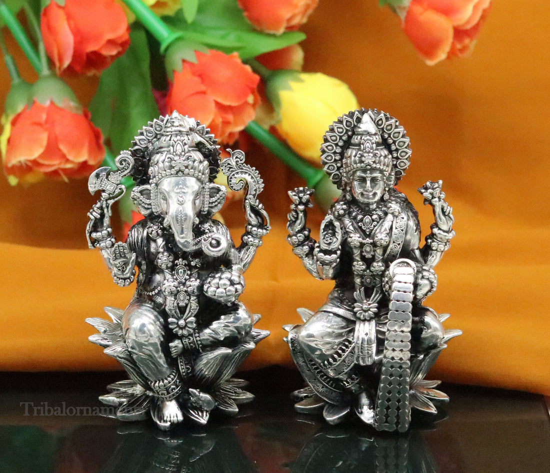 3.3" small 925 Sterling silver handmade customized Hindu idol Laxmi and Ganesha statue, puja article figurine, home décor Diwali puja art379 - TRIBAL ORNAMENTS