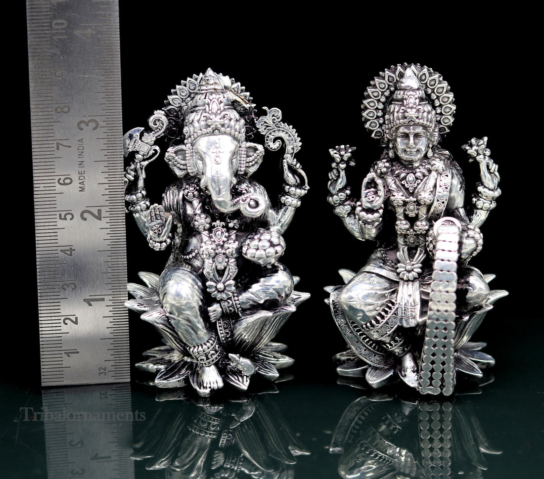 3.3" small 925 Sterling silver handmade customized Hindu idol Laxmi and Ganesha statue, puja article figurine, home décor Diwali puja art379 - TRIBAL ORNAMENTS